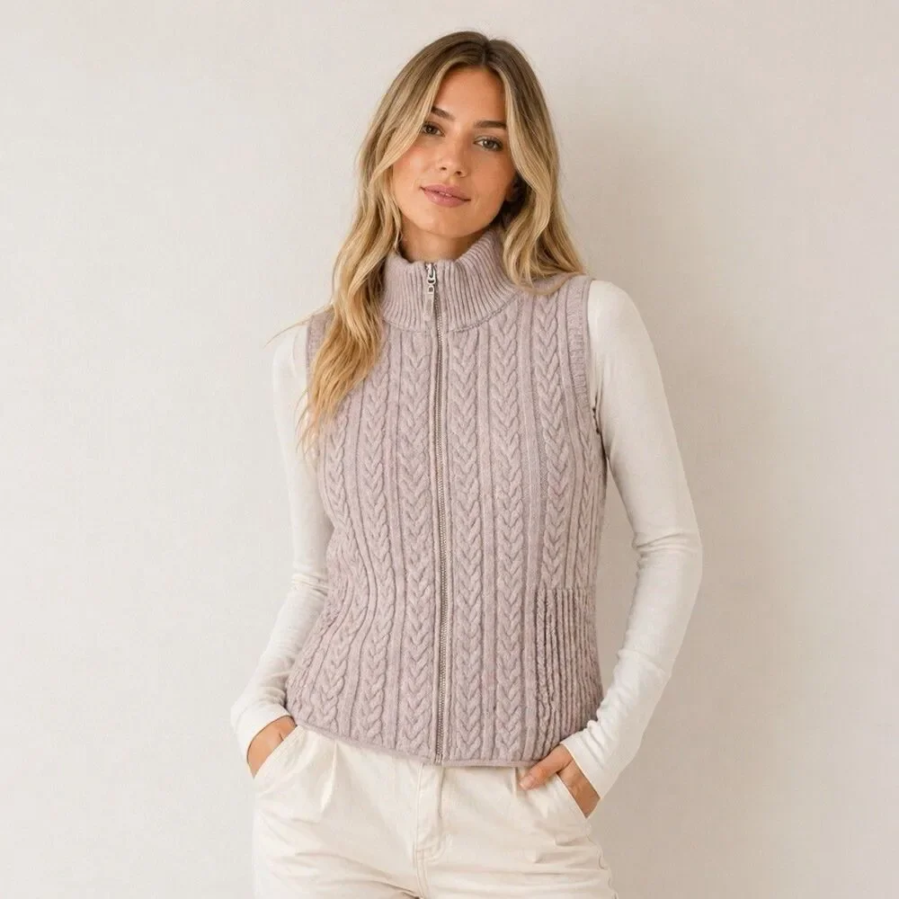 Joie Women’s Tan Cable Knit Zip-Up Reversable Viscose Vest Size Medium